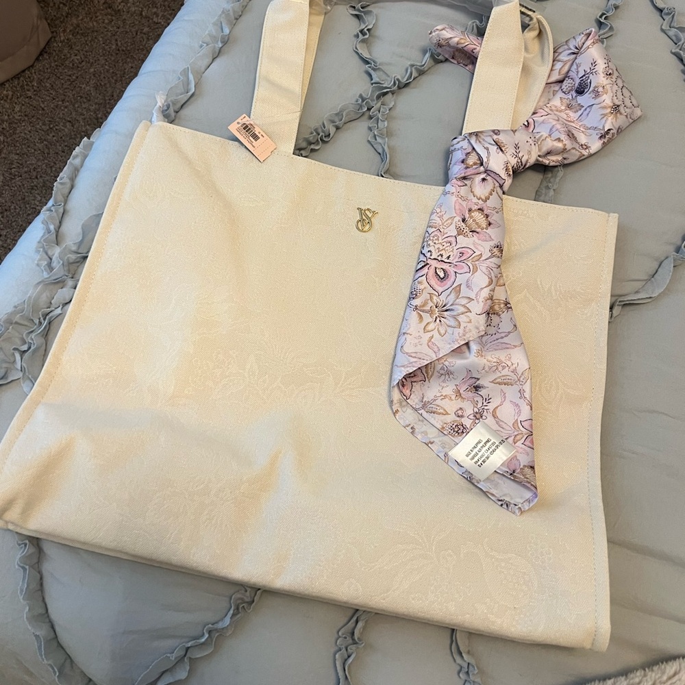 Cream Tote Bag with Floral Scarf Accent Victoria’s Secret